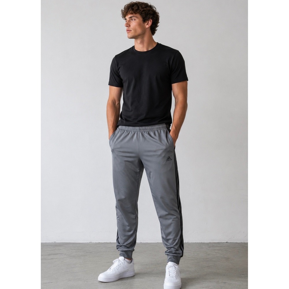 Adidas Mens Gray Three Stripe Track Pants Joggers Size Large L Gray Black